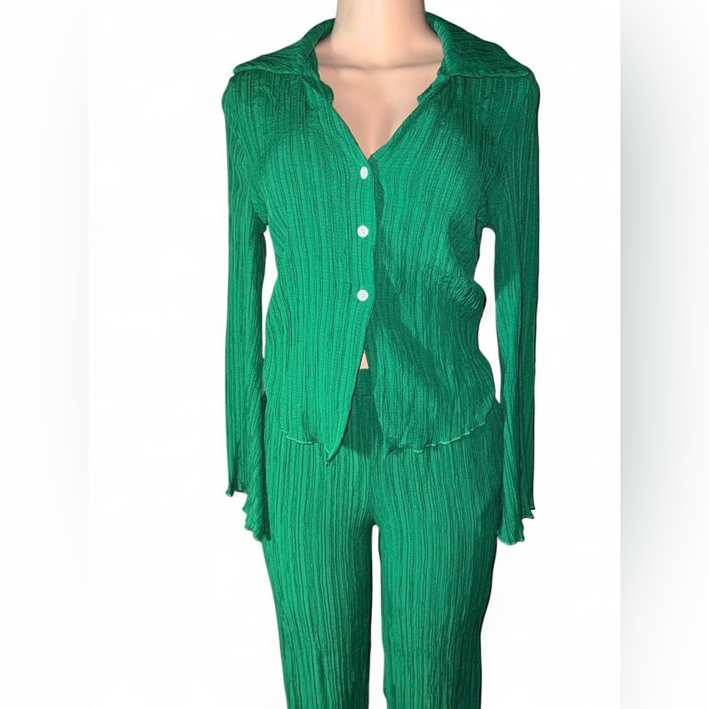 Green Textured Button-Up Set
